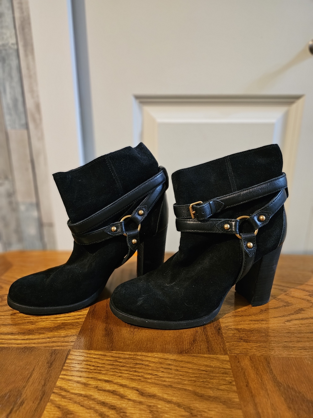 UGG Black Suede Ankle Booties with Harness Strap Sz 8